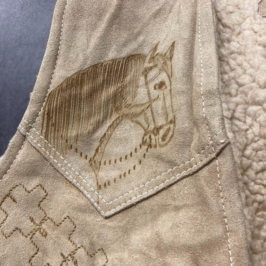 《US古着》ウエスタン ヴィンテージ レザー 裏ボア ベスト メンズM-L