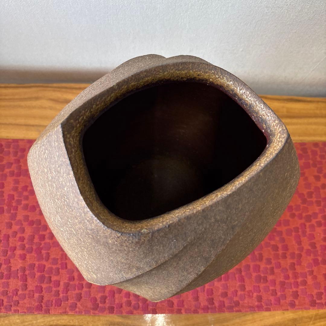 山下譲治 備前扁壷 綾線文扇壺 共箱共布栞 高さ約