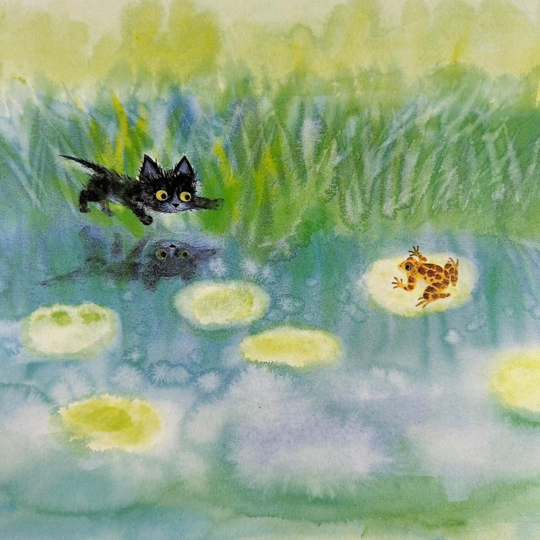 美品 渡辺あきお「a frog」額縁入りポスター 猫 ネコ カエル かわいい