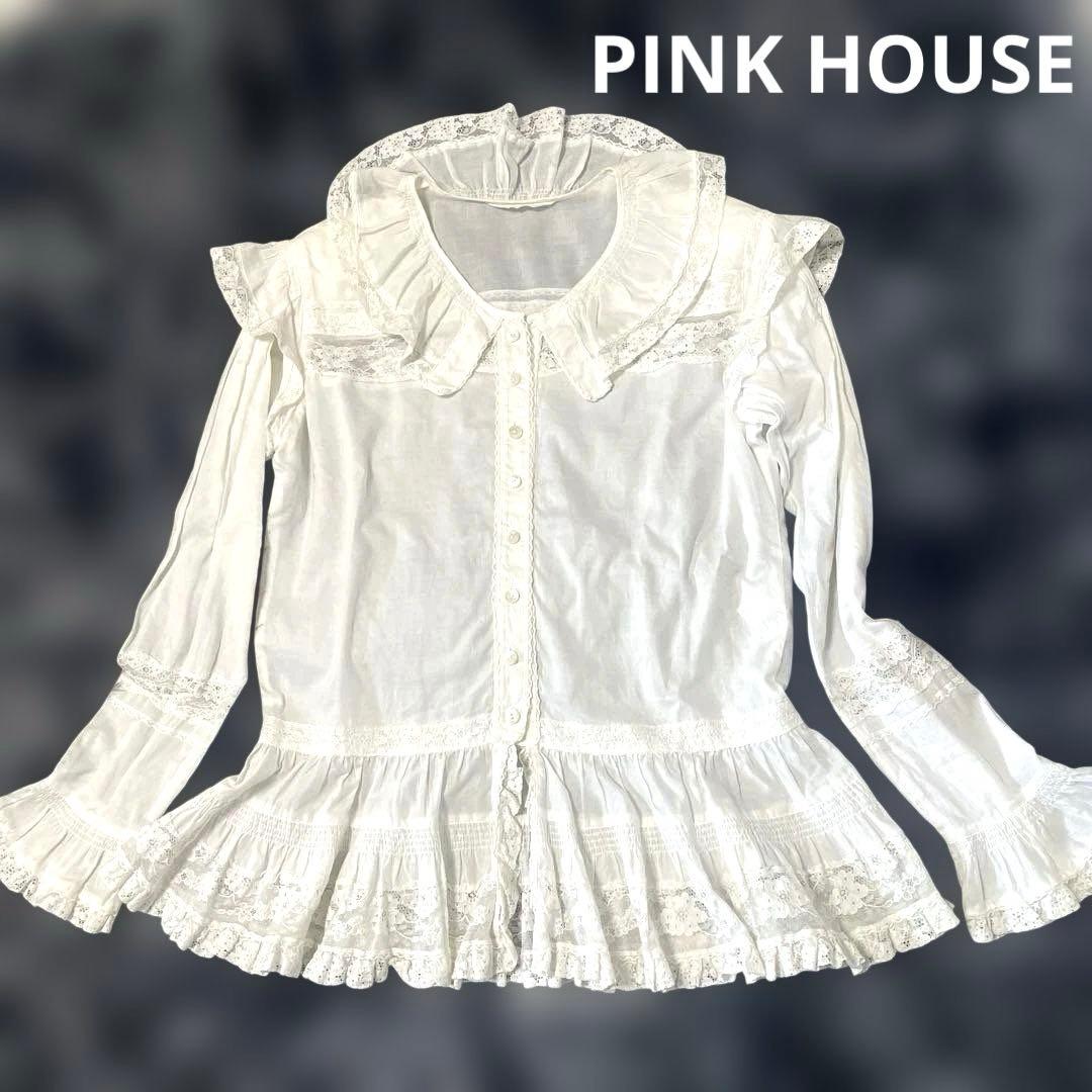 PINK HOUSE ピンクハウス　レース＆フリル　長袖コットンブラウス PINK HOUSE（ピンクハウス） ブラウス シャツ ローンフリル使い