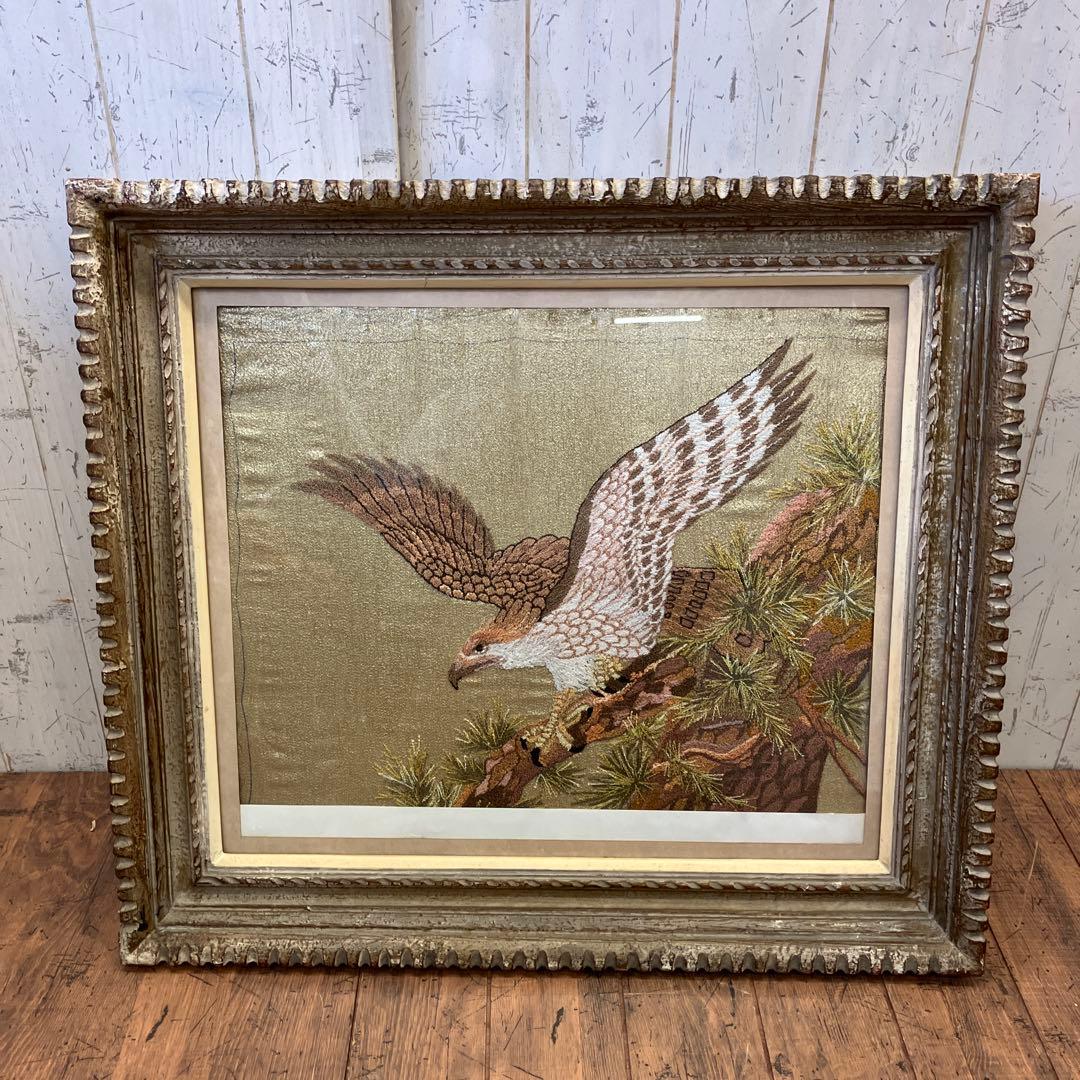 昭和レトロ 刺繍画 刺繍絵 鷹 松 縁起物 絵画 美術 芸術 額縁 額装