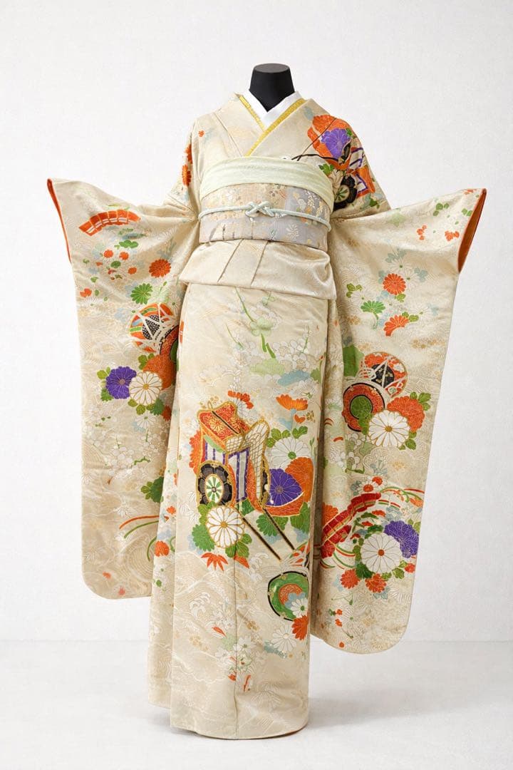 振袖フルセット6点サイズM〜L駒刺繍 寿光織り 御所車花鼓文 金彩 金糸