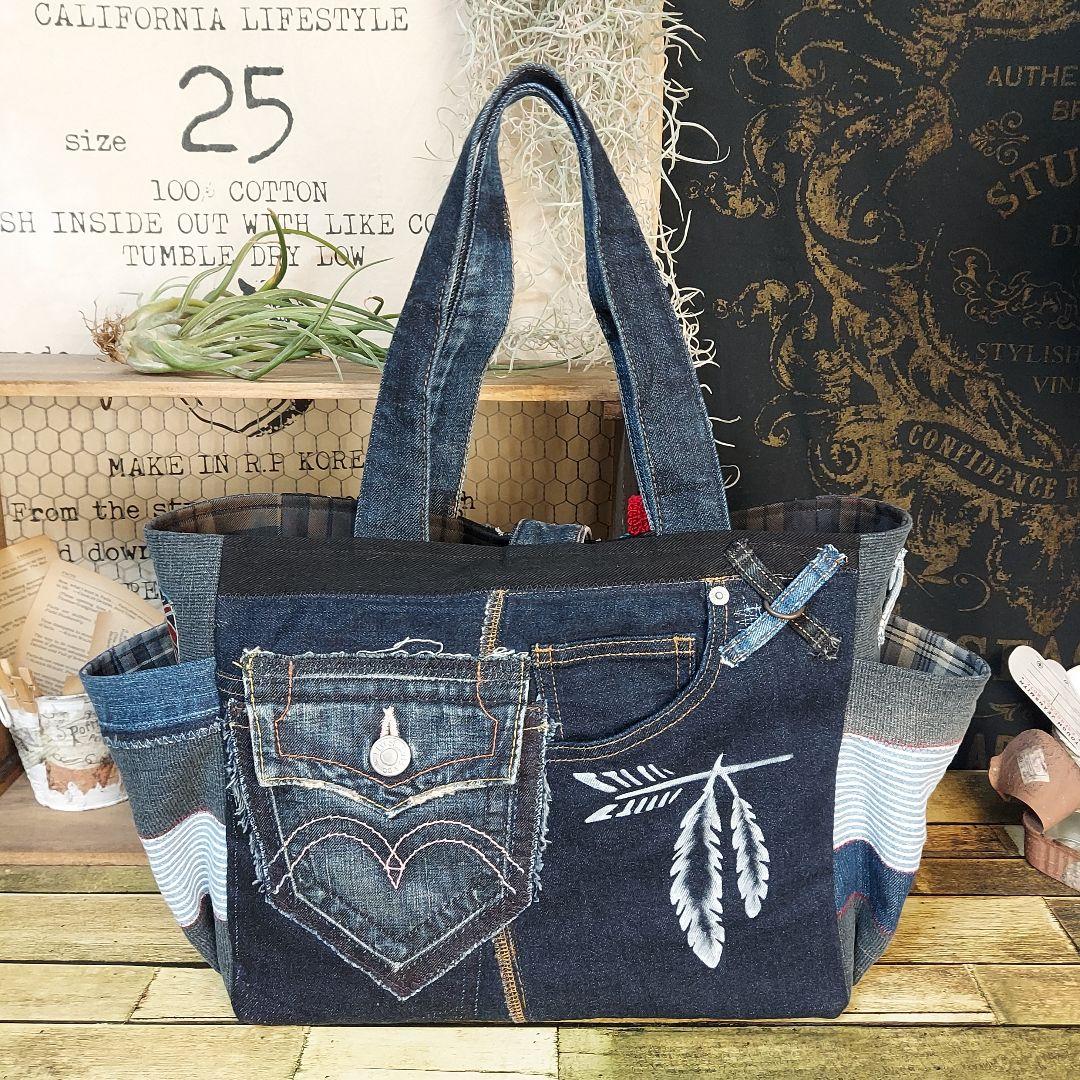 Kal様専用】大きな刺繍デニムバック No.651 デニムリメイク 特大バック