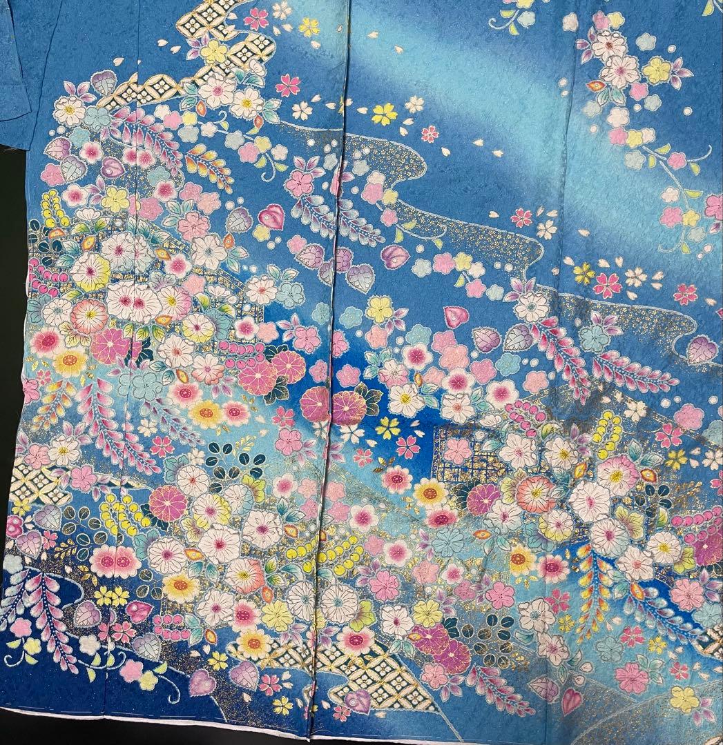 翠山工房・桐屋【特選本手加工友禅絞り振袖◇辻ヶ花】銀通し 水色 青