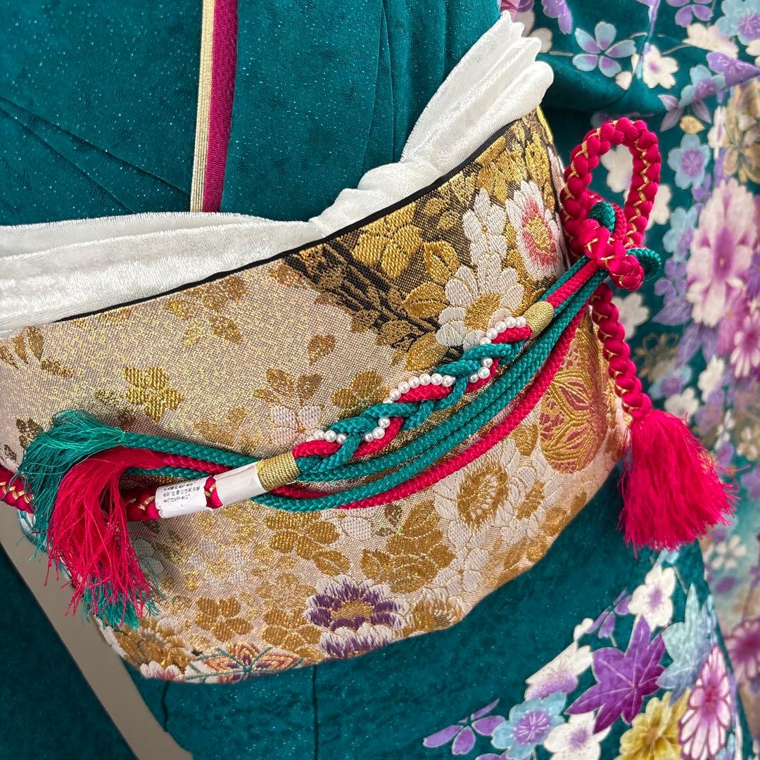 未使用に近い 正絹振袖フルセット ガード加工有り 緑グラデーション