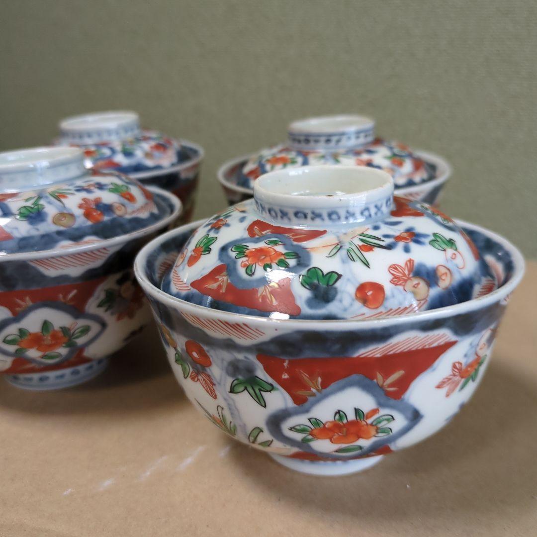 骨董 伊万里 古伊万里 蓋茶碗 色絵 煮物碗 飯碗 　アンティーク　5つ 伊万里 色絵 書き分け花と青海波 蓋付丼型 煮物碗 茶碗 蓋茶碗 - 生活