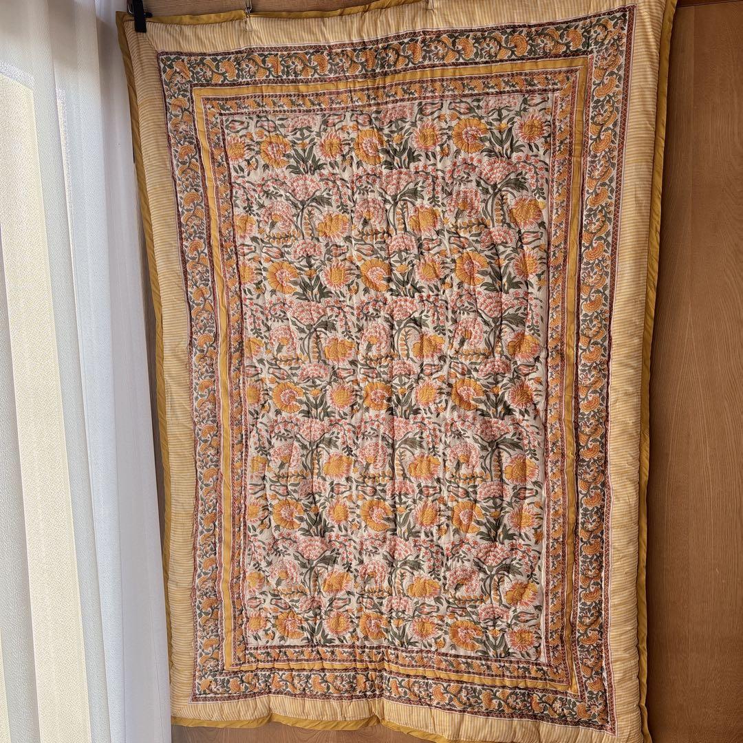 未使用※インド ブロックプリント 中綿入りベビーキルト ガーデン
