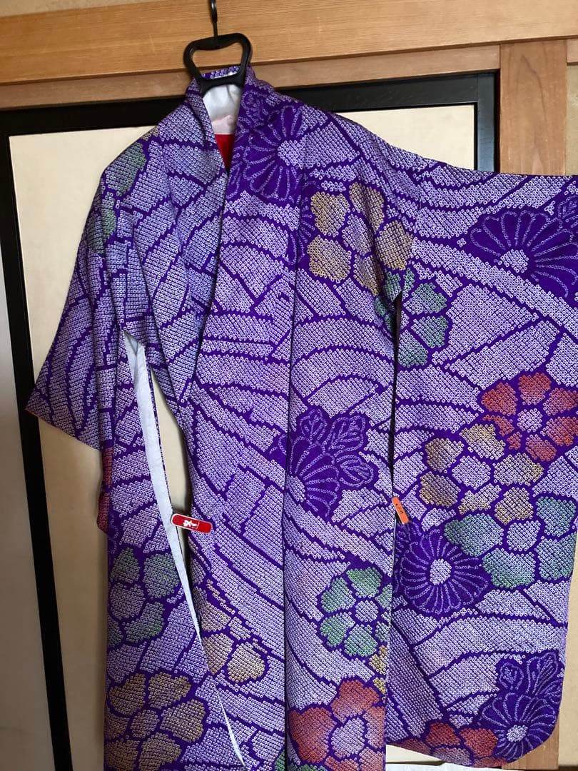 紫絞りの正絹振袖、レトロ、