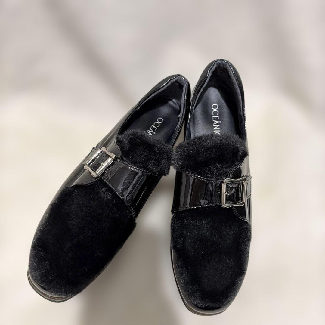 ヒルズアベニューOCEANICA ブラック エナメル ファー シューズ　厚底　黒 ヒルズアベニューOCEANICA ブラック エナメル ファー シューズ 厚底 黒