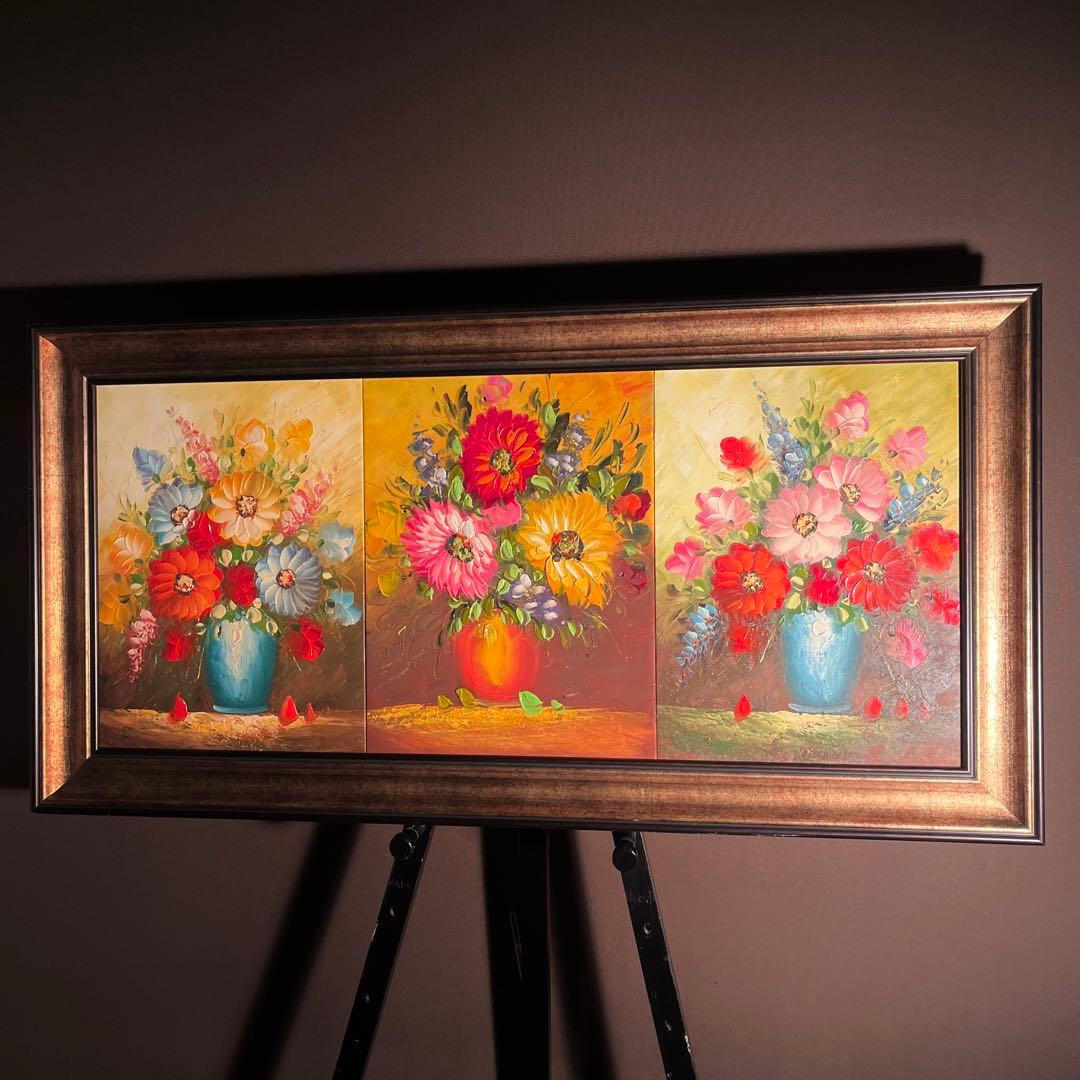 （大）手描き油絵 ３枚組 花瓶の花 額付 額付き 絵画 インテリア 油彩画 手書き油絵 花瓶の花 額付 絵画 インテリア 油彩画｜Yahoo!フリマ（旧