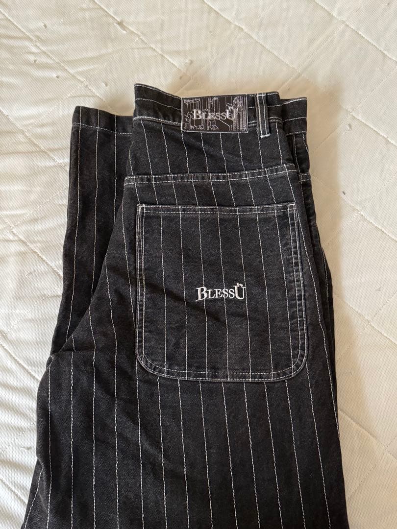 BlessU ブラックストライプ ワイドパンツ - メルカリ