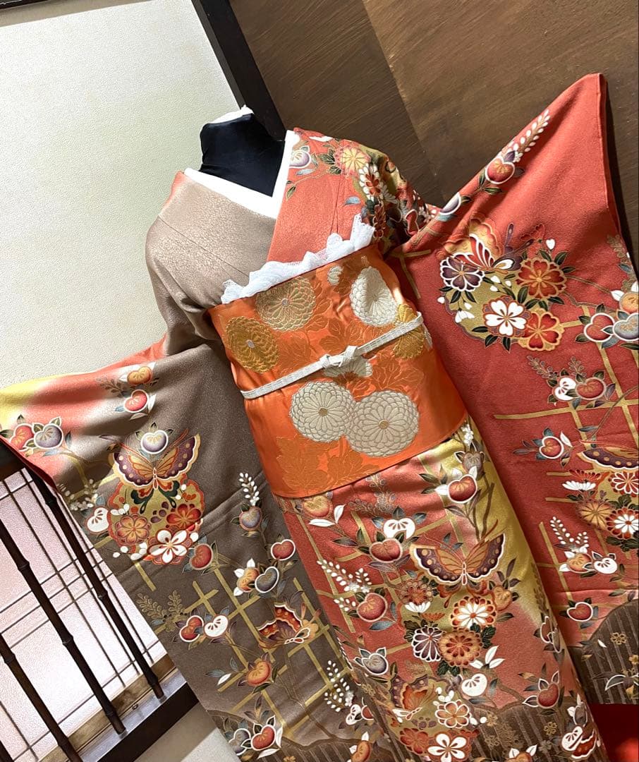 振袖フルセット6点サイズM〜L舞蝶花文 暈し染め