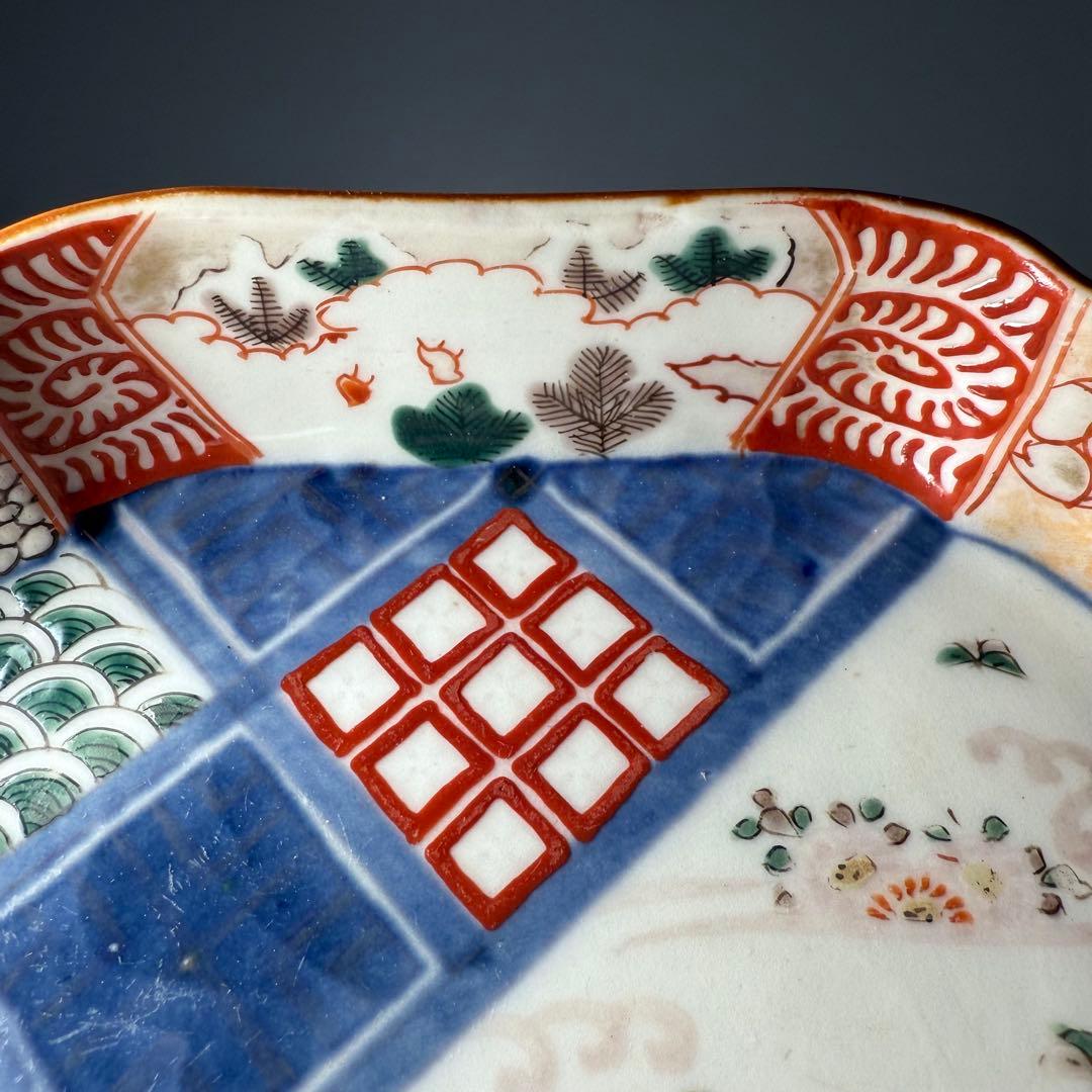 古伊万里 色絵幾何学文木瓜形皿 五客 裏文様有 巻物 宝珠 幕末〜明治期