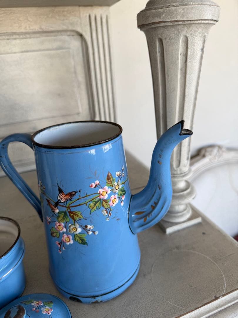 フランスアンティーク激レア！小花と小鳥のハンドペイントホーロー