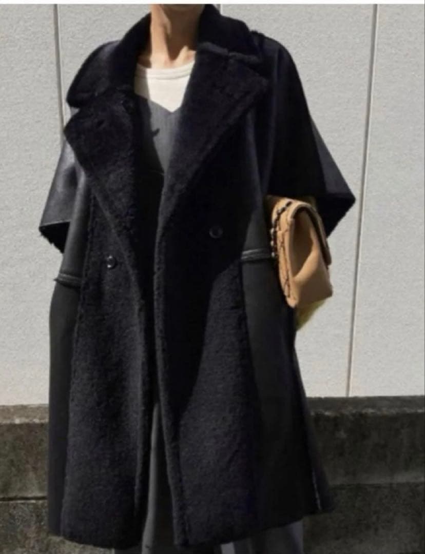 ameri vintage リバーシブルボアポンチョケープコート ブラック - メルカリ