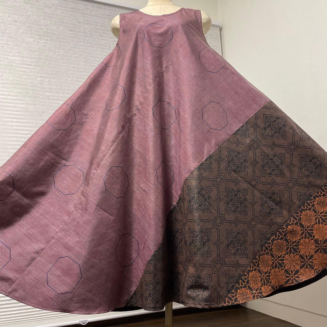 着物ワンピーステントラインマキシ丈《11》大島紬や紬等(7マルキ含)M〜L