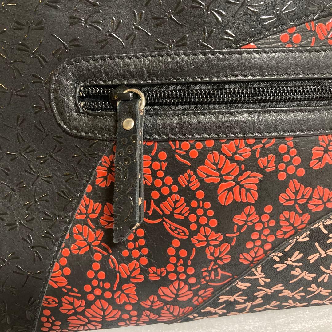 希少 印傳屋 ハンドバッグ JRA認定 鹿革 パッチワーク繋ぎ葡萄トンボ柄