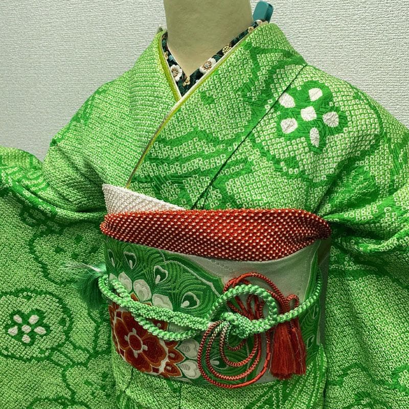 601aj56◎振袖のみ 総絞り ハーフ成人式 十三参り 梅 黄緑◎ - メルカリ