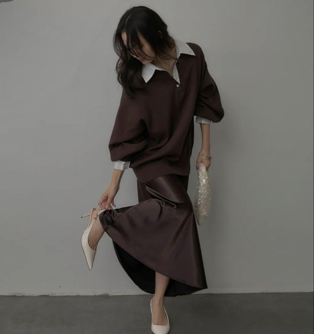 ブラウン　襟付きポロトップス+ナローAラインサテンスカート　nairo SET】襟付きポロトップス+ナローAラインサテンスカート(2set) – nairo