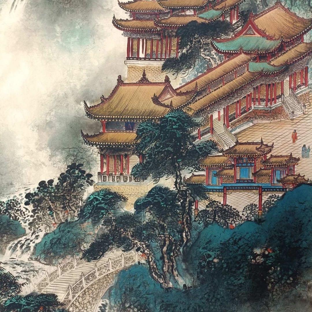 中国画 掛け軸 仇英《仙山楼閣》三尺中堂 掛け軸 装裱済み／題箋付き