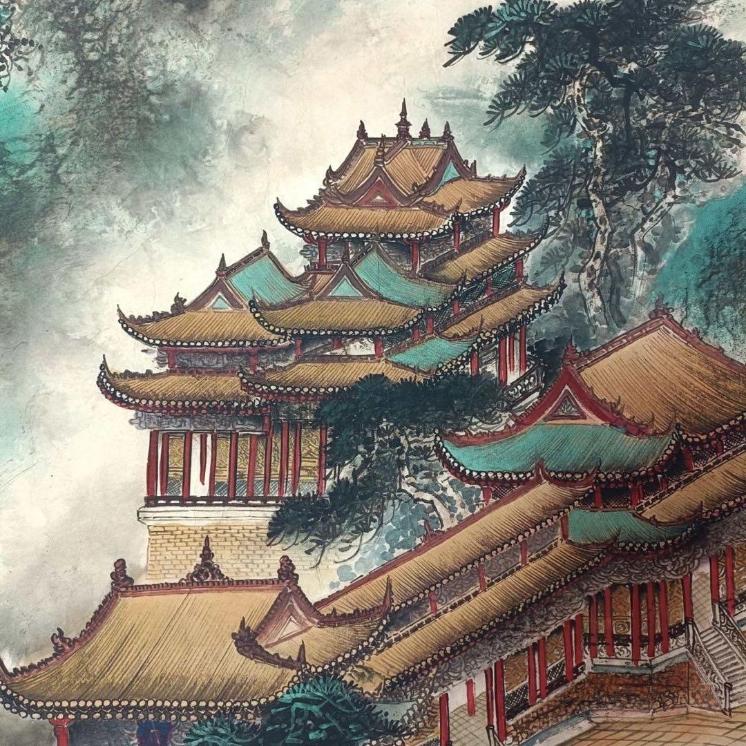 中国画 掛け軸 仇英《仙山楼閣》三尺中堂 掛け軸 装裱済み／題箋付き