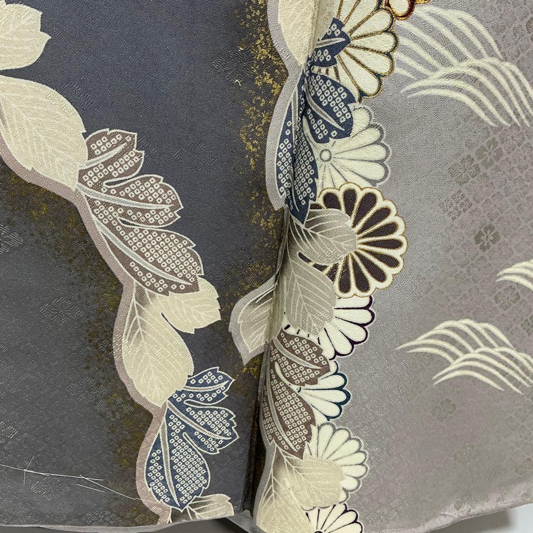 b511 正絹 袷 訪問着 金駒刺繍 菊 波 金彩 未使用しつけ付極美品 着物