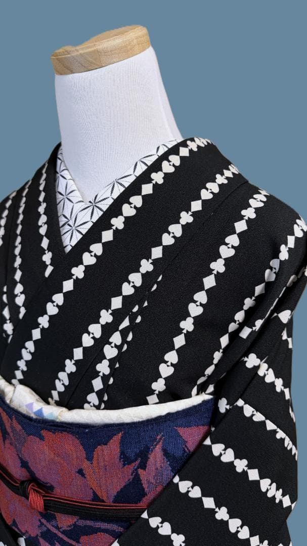 着物12 ふりふ いろはトランプストライプ柄袷着物 黒 身丈165裄丈