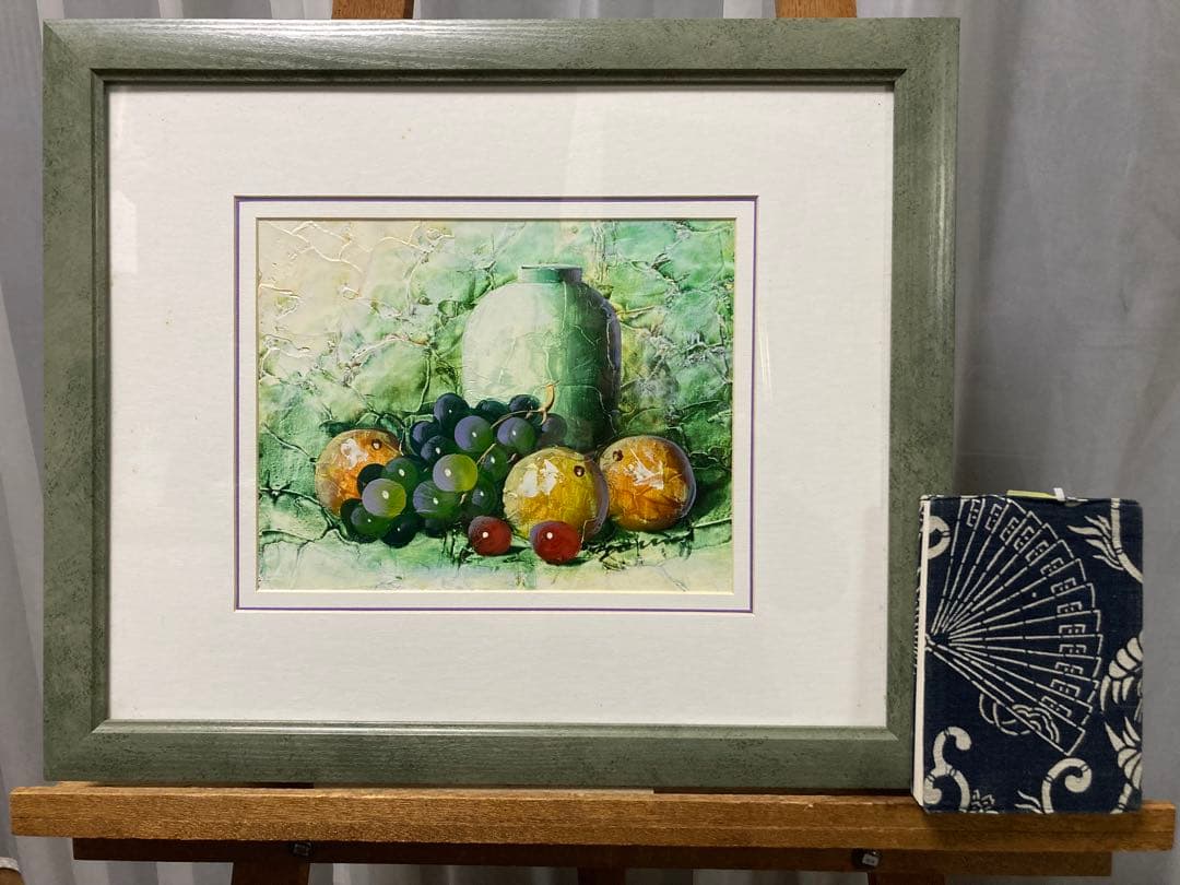 油絵 油彩 【Y.ヤング】「白い壺と果物」 韓国人画家 ソウル美術作家