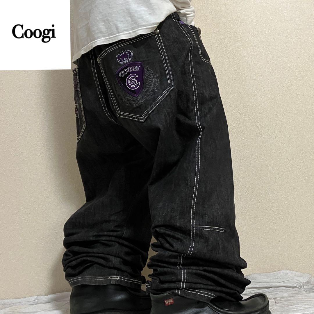 00s ロカウェア 先染め ブラック ワイド デニム バギーパンツ 刺繍 極太