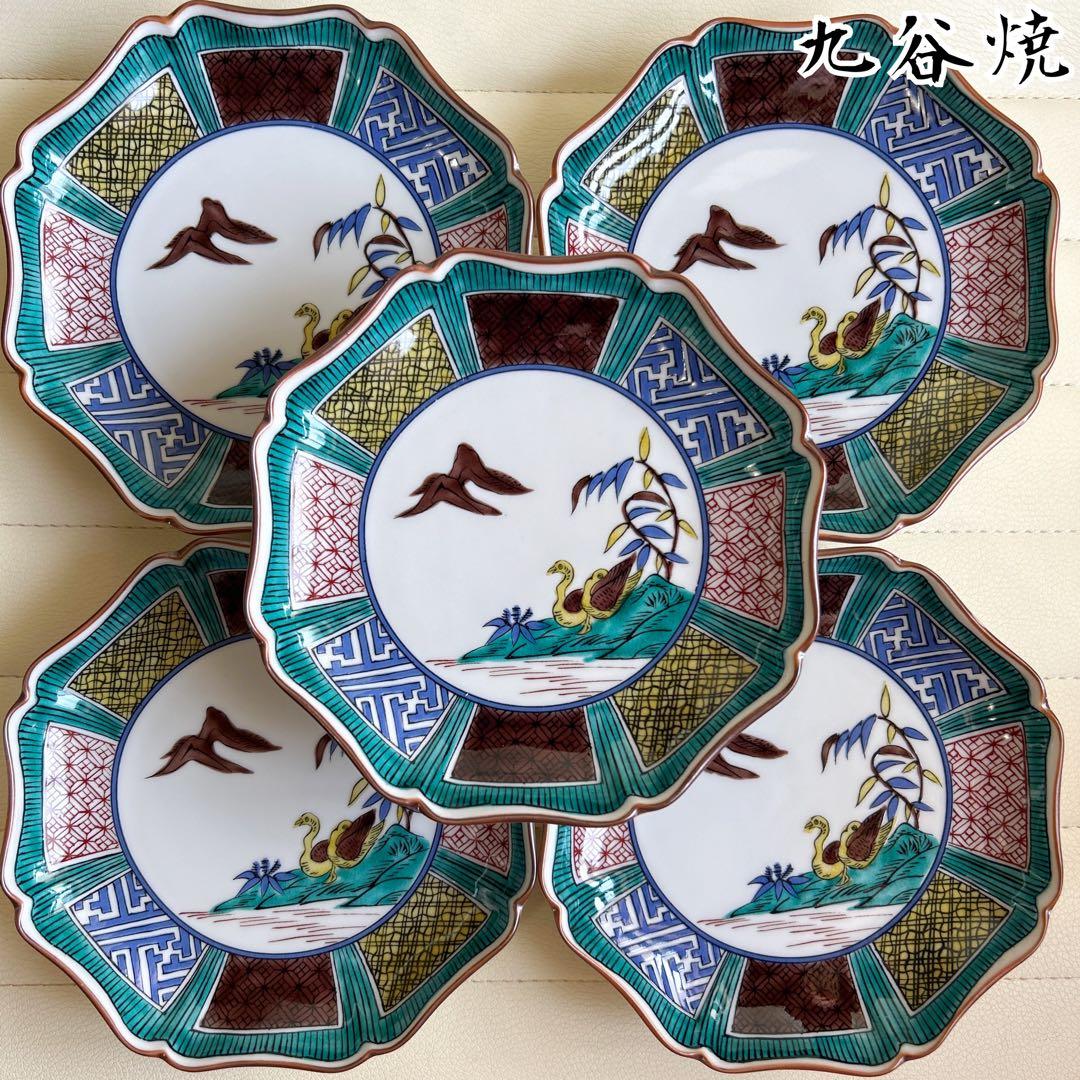 九谷焼 暁堂 八角皿揃 5枚セット 色絵 花鳥図 中皿 銘々皿 輪花皿