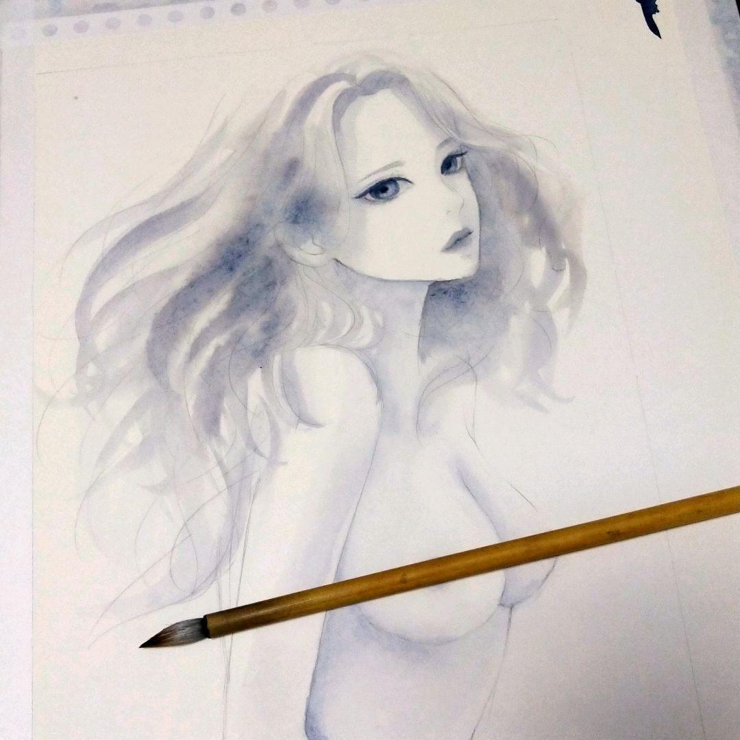 肉筆原画　手描きイラスト　オリジナル　水彩画　美人画　絵画　ヌード　裸婦画