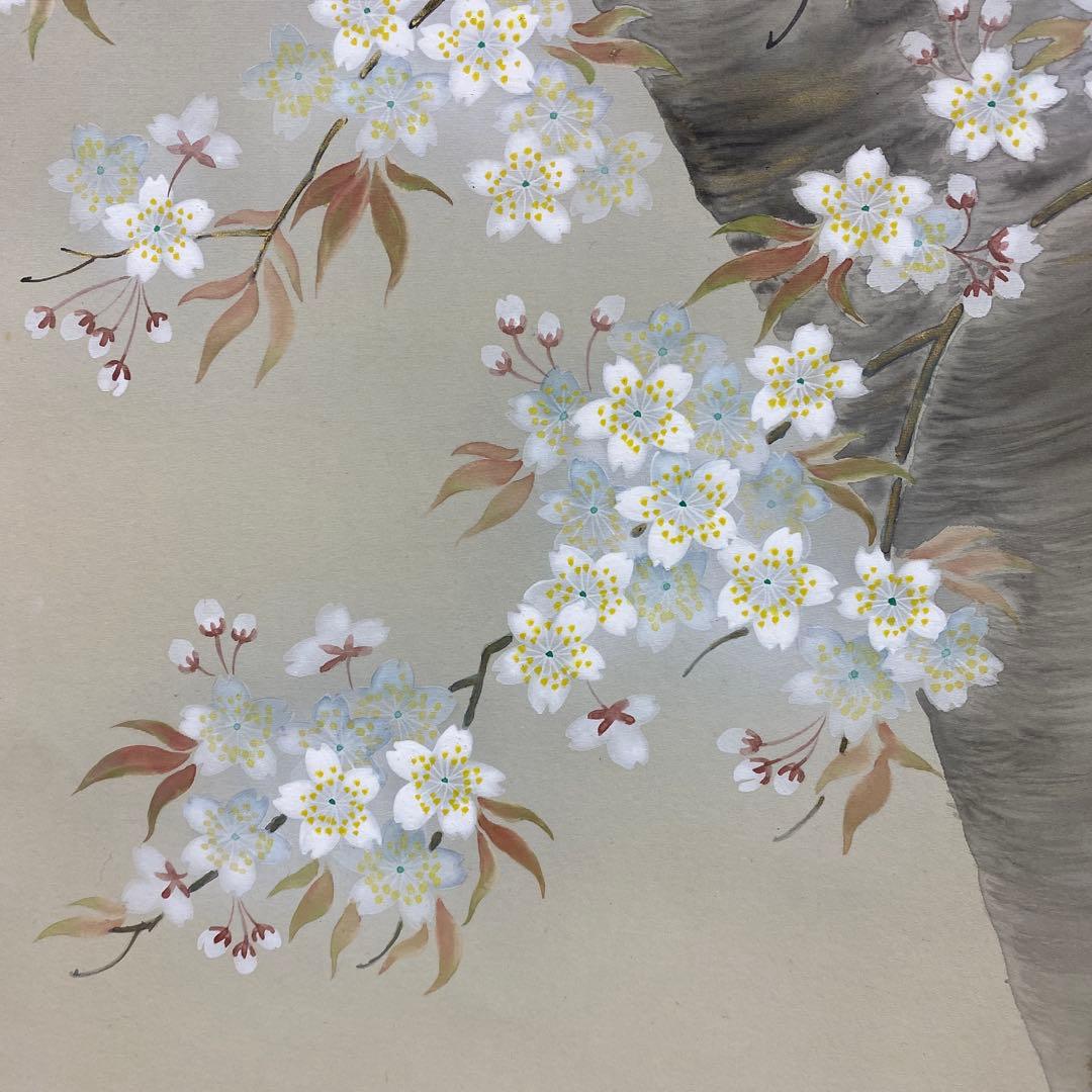 美品 掛け軸 河野美峰作 桜に小禽図 共箱 太巻き付 美術年鑑掲載作家