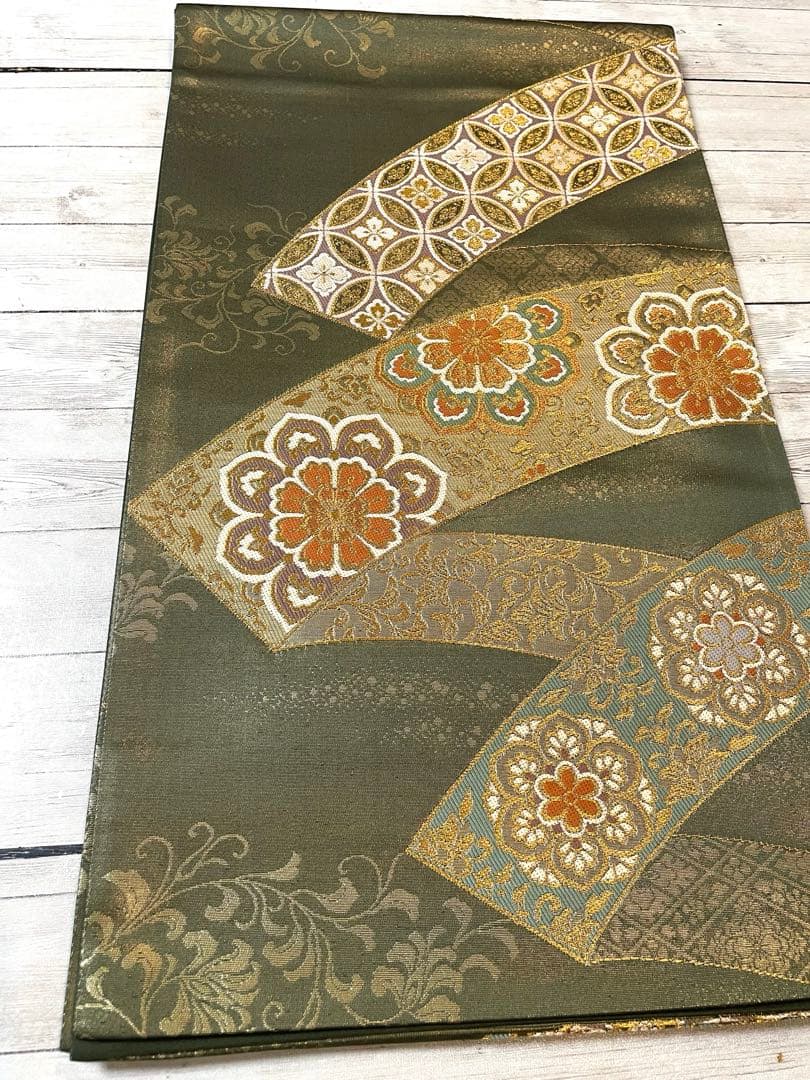 正絹 唐織 六通柄袋帯 七宝正倉院文様 吉祥柄 金銀糸 深緑地 美品