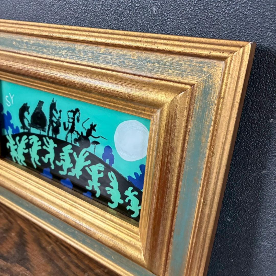 柚木沙弥郎「つきよのおんがくかい」ガラス絵 肉筆 直筆サイン入 共