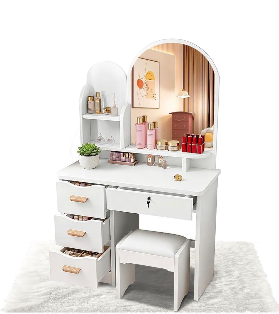 【本日限定価格】新品ドレッサー 女優ミラー 80cm 化粧台 鏡台 スツール付き 化粧台 ドレッサー 女優ドレッサー 大容量収納 姫系ドレッサー 鏡台 お