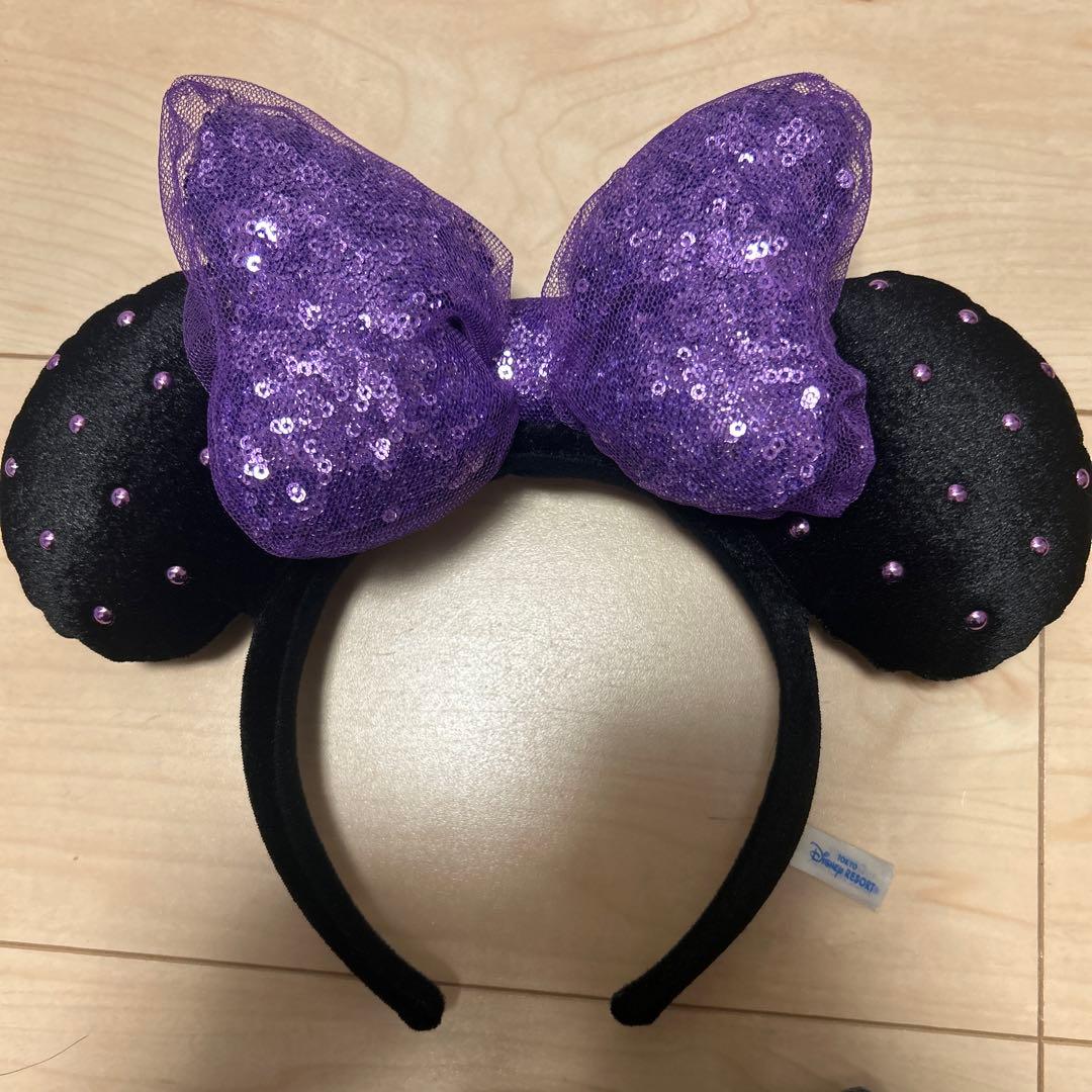 ディズニー ミニーマウス風 カチューシャ 黒と紫 スパンコール付き