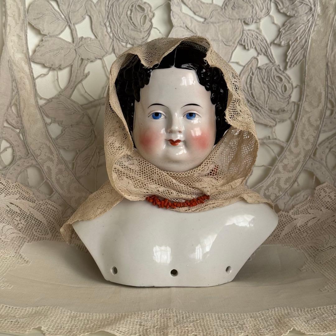 19世紀 チャイナドール 磁器製ヘッド　特大サイズ 約21cm 希少