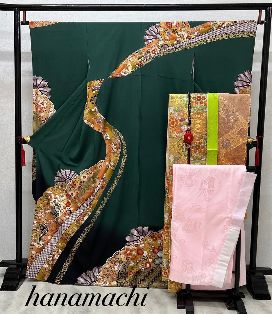 振り袖　フルセット　長襦袢付　金彩加工　振り柄有　成人式　美品　699 振袖 着物 長襦袢 2点 セット 金彩加工 赤 バラ 薔薇 牡丹 蝶 成人式