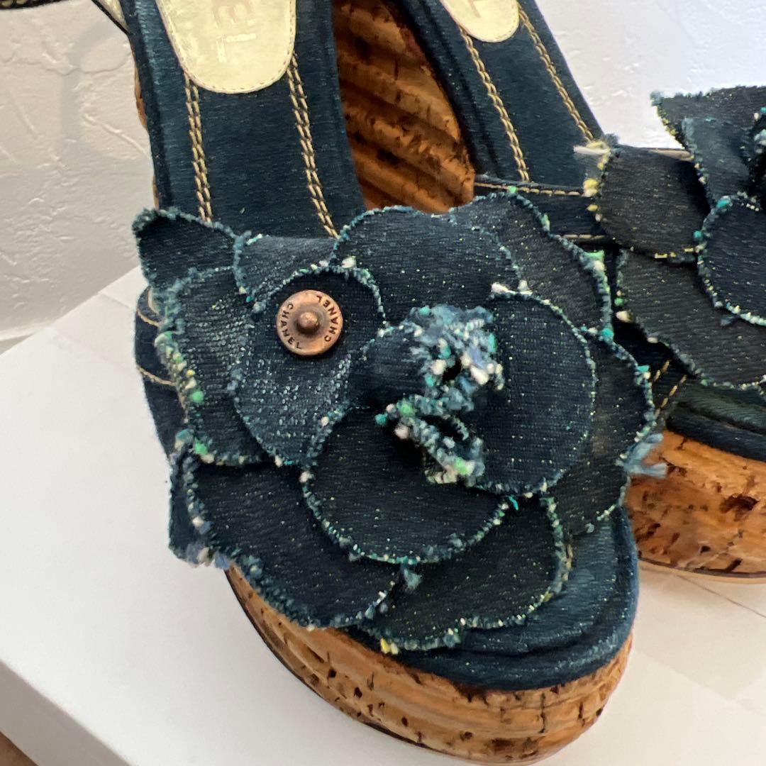 シャネル カメリア デニム ウェッジソール サンダル ヒール 22.5cm