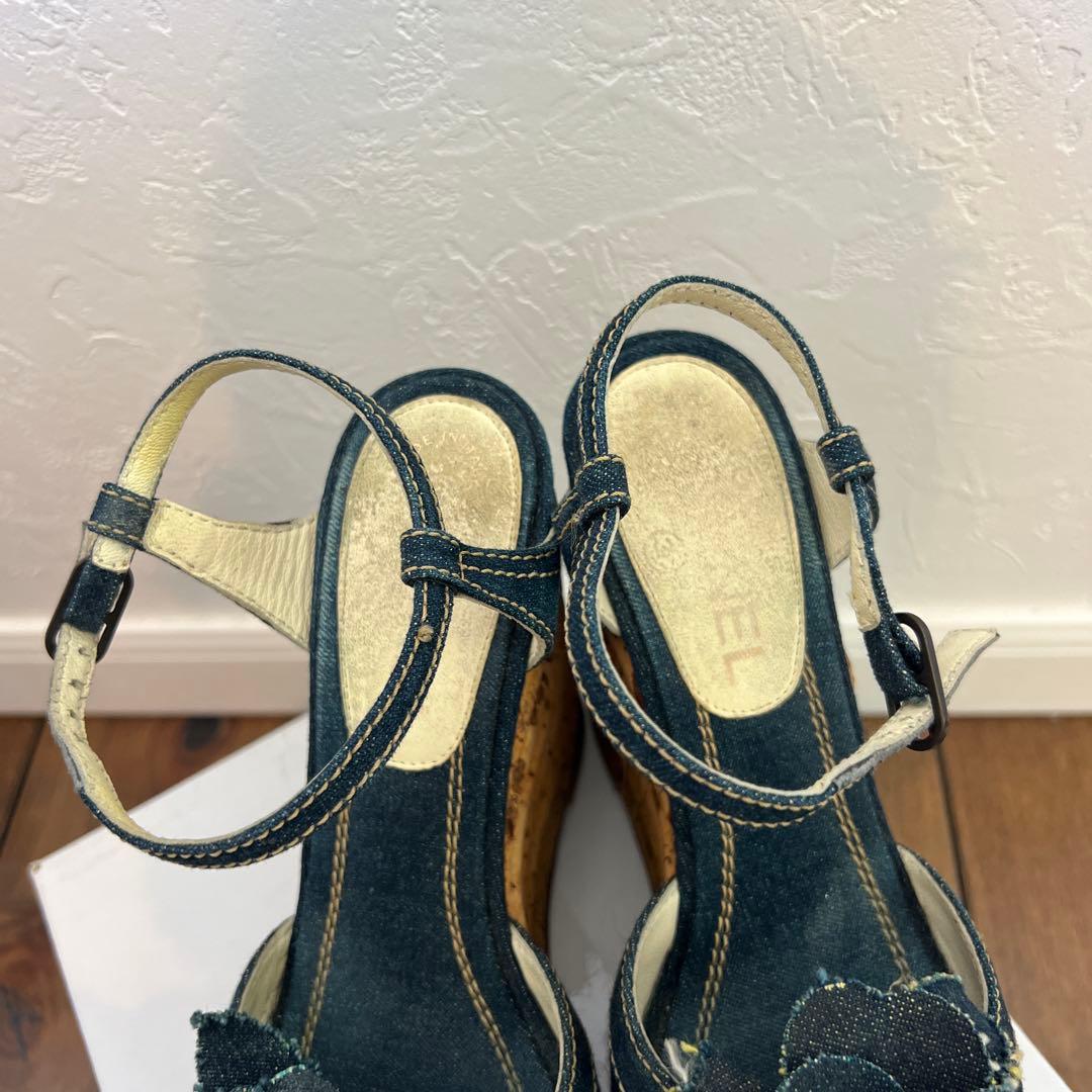 シャネル カメリア デニム ウェッジソール サンダル ヒール 22.5cm