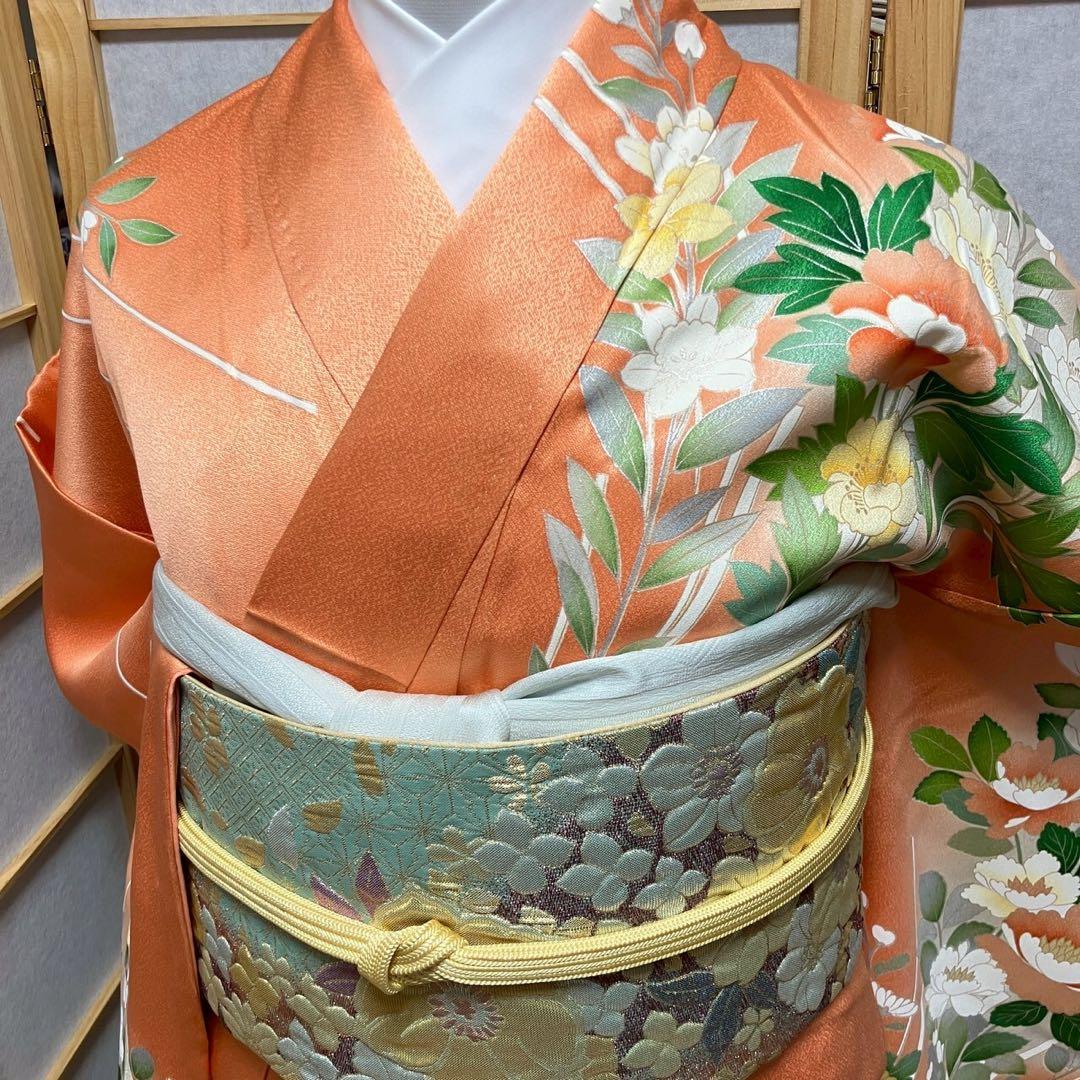 4349］訪問着 草花文様 駒刺繍 ぼかし 銀彩 正絹 着物 袷 - メルカリ