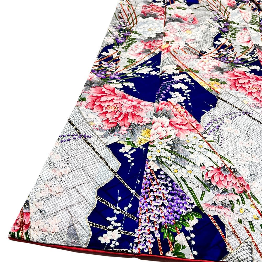 千總 振袖 正絹 青 友禅染 綸子 ちりめん 中古 花 №ymk0085 - メルカリ