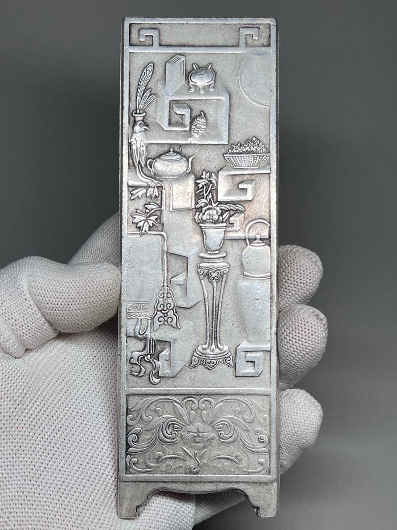 中国美術 4枚セット 文鎮 金属工芸 浮彫 刻印あり 厚重 コレクション