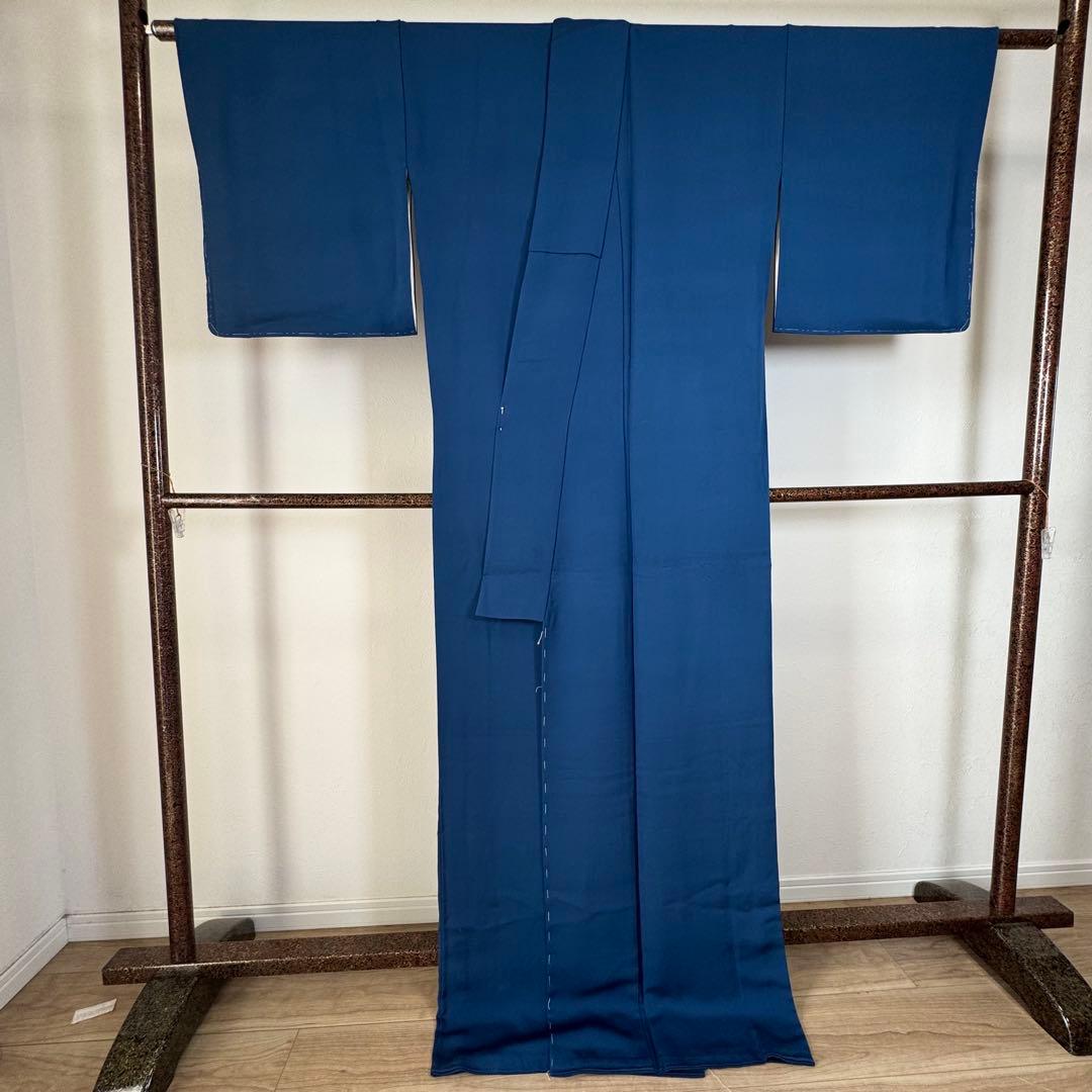 しつけ付 着物 正絹 袷 色無地 176 裄69 青 ロイヤルブルー トール