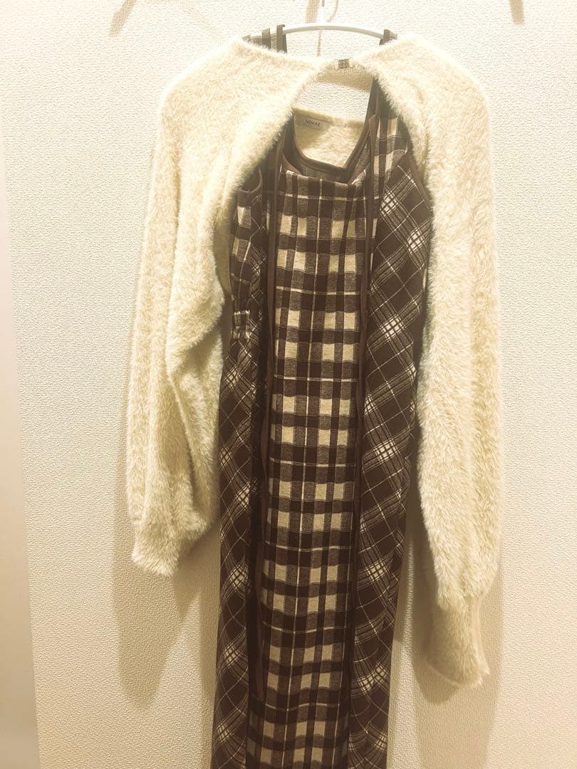 NOMAE ノーマエ シャギーボレロロングチェックワンピース ブラウン系