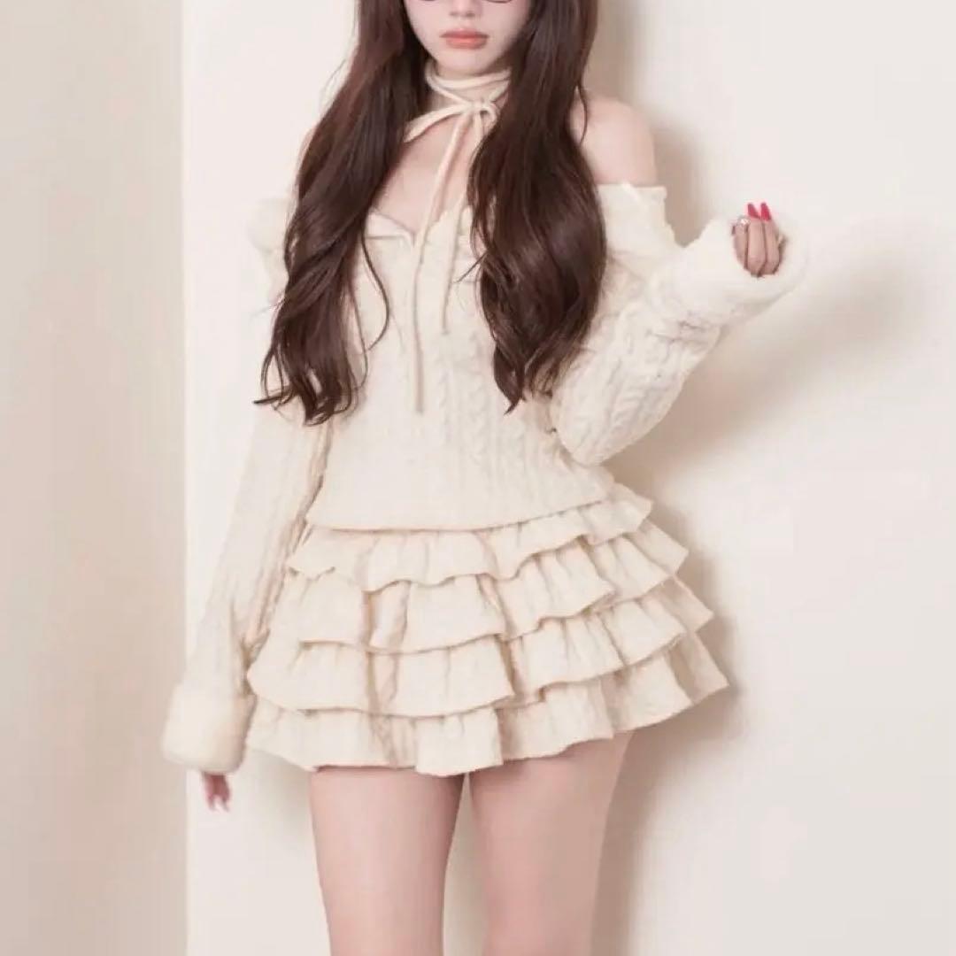 BunnyLis フーディーニットトップス×ティアードスカート BunnyLis:リボンオフショルダーニットトップス – NoGenki