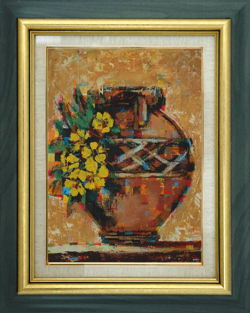 油絵 菅家令子絵 絵画インテリア額付(青緑＋金色の枠) uF6-063904壺花 油絵 菅家令子絵 絵画インテリア額付(青緑＋金色の枠) uF6-063904