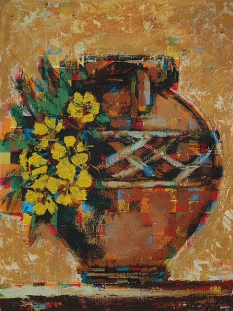 油絵 菅家令子絵 絵画インテリア額付(青緑＋金色の枠) uF6-063904