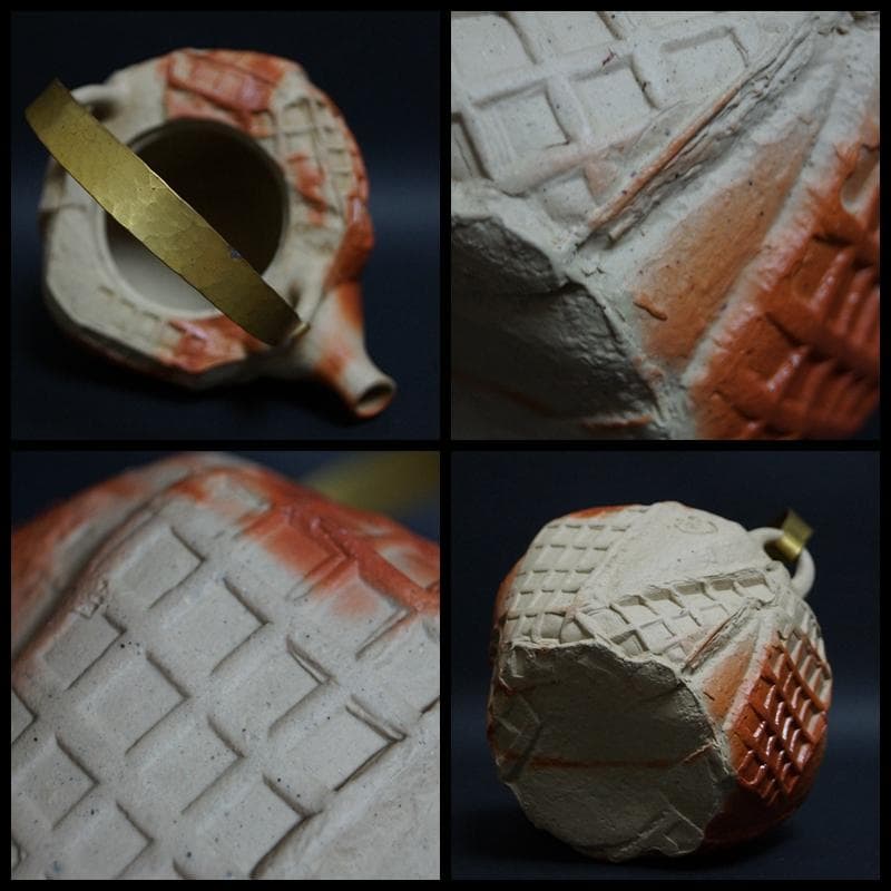 備前焼 小西陶蔵造 緋襷窯変 造形急須 黄銅打出し提手土瓶 共箱☆美品