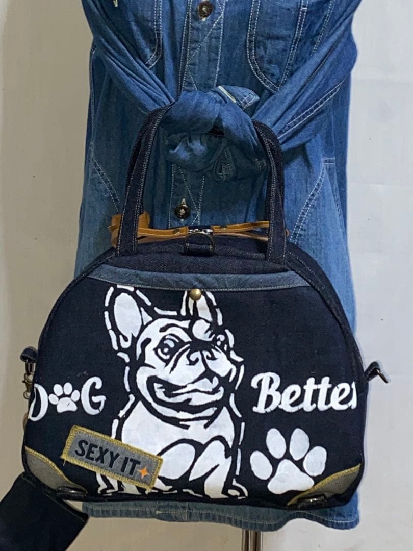 ☆岡山デニム☆ボステリ&フレブル☆ステンシル☆扇型☆4wayボストン